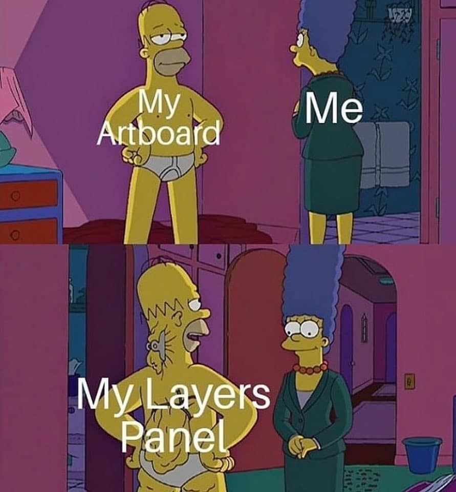 A graphic design meme comparing a clean artboard to a messy layers panel using Homer Simpson