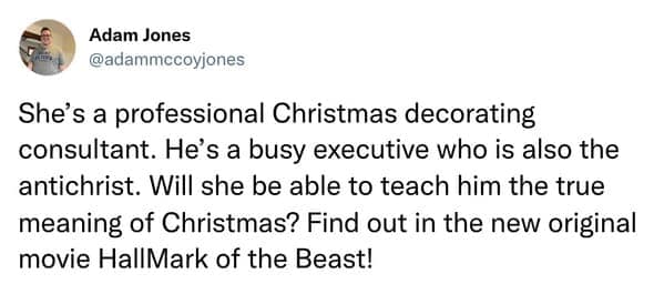 Tweet pitching a movie called HallMark of the Beast featuring the Antichrist executive.