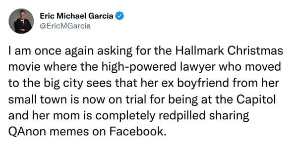 Tweet asking for a movie where the hometown ex is a Capitol rioter and mom is QAnon.