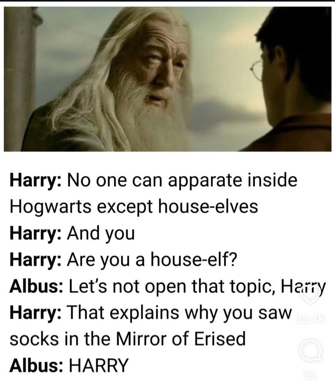 A Harry Potter meme implying Dumbledore is actually a house elf.
