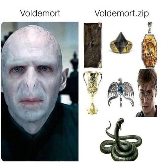 A Harry Potter meme comparing Voldemort to a compressed zip file.