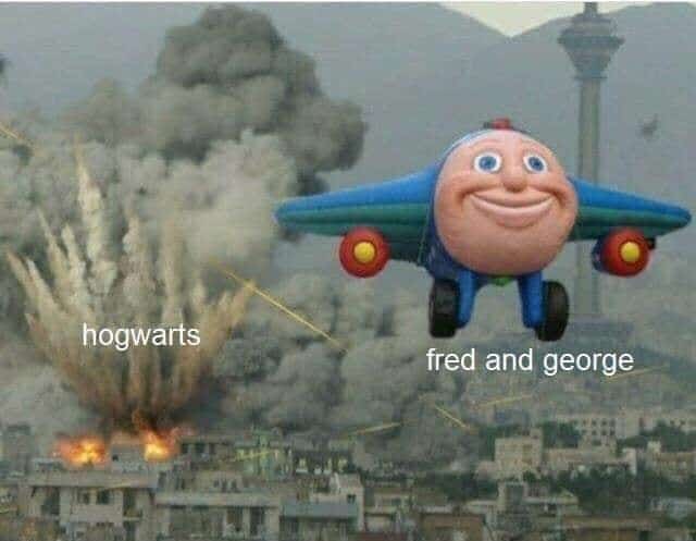 A Harry Potter meme showing a plane flying away from an explosion as Fred and George.