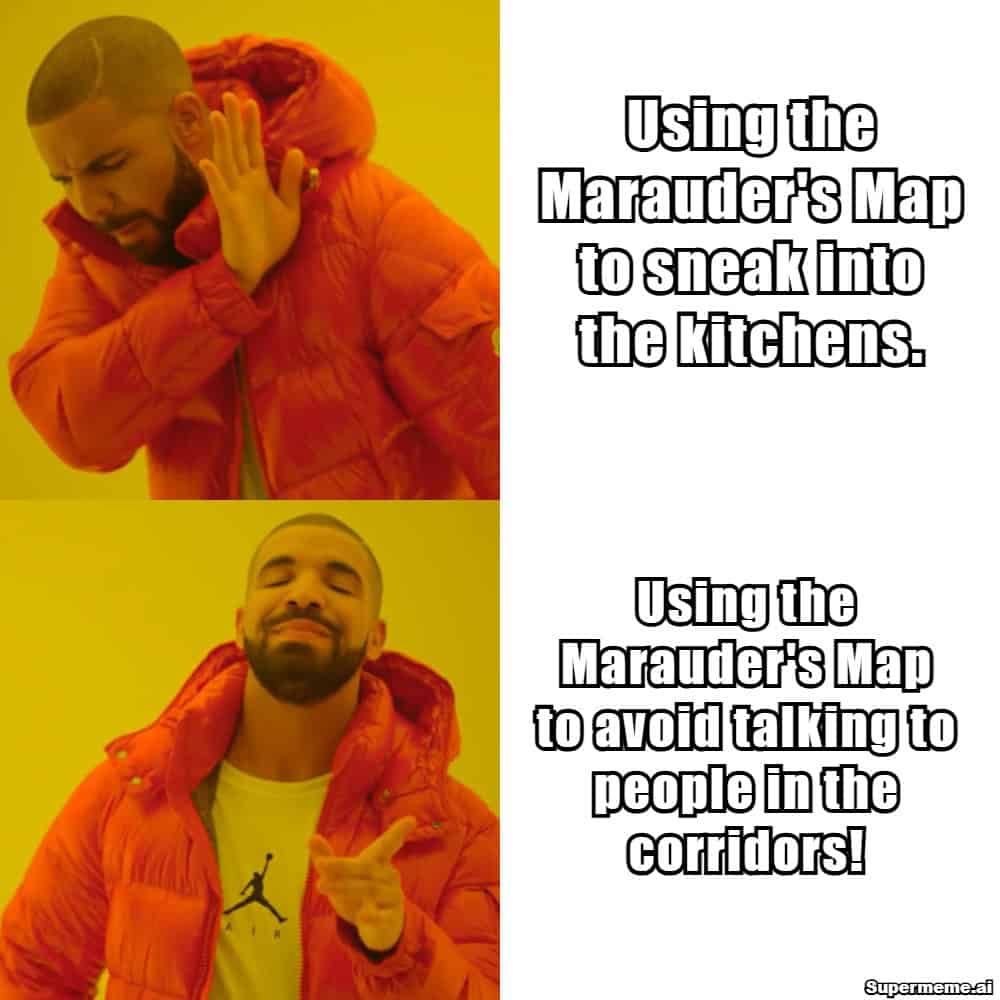 A Harry Potter meme using the Drake format for the Marauder's Map.