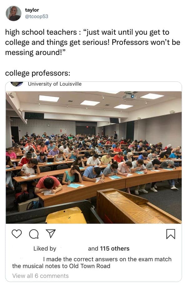 Meme showing a large lecture hall exam where the answers match the musical notes of a song.