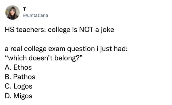 Multiple choice exam question asking to identify the outlier among rhetorical terms and the group Migos.