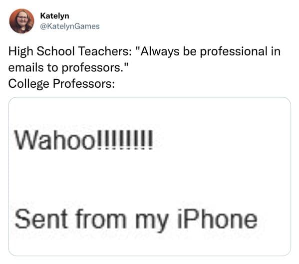 Contrast between strict email etiquette taught in high school and a professor's casual one-word reply.
