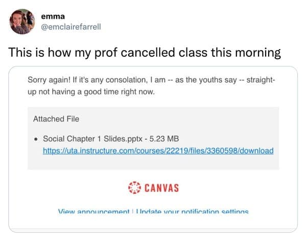 Canvas notification showing a professor cancelling class because they are not having a good time.