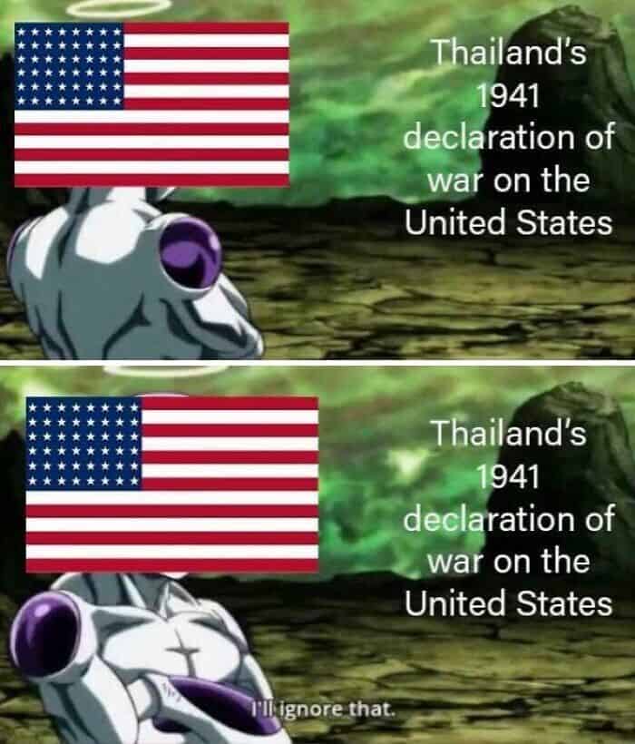 A history meme comparing the US reaction to Thailand's 1941 declaration of war using Dragon Ball Z characters.