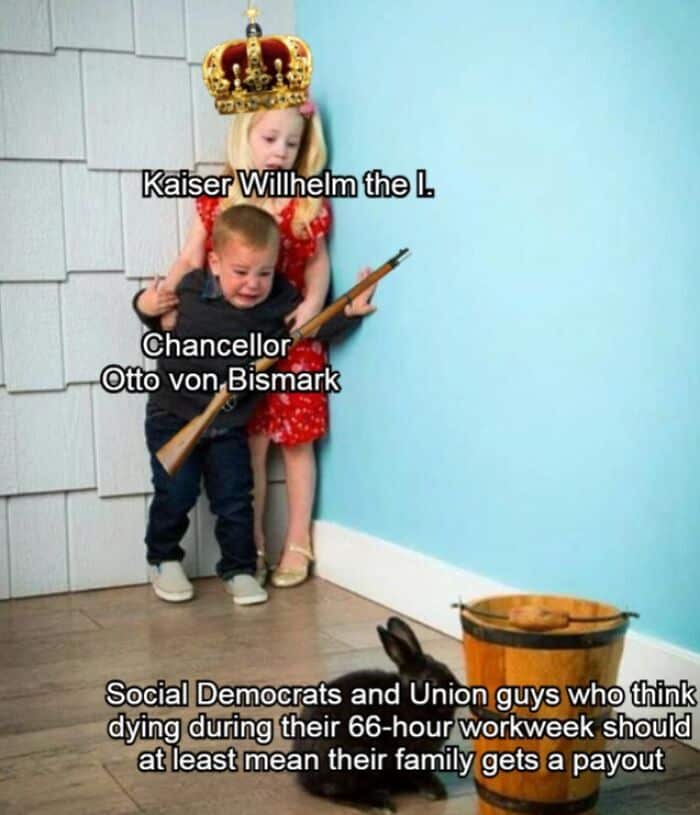 A history meme labeling a child holding a gun as Otto von Bismarck threatening social democrats.