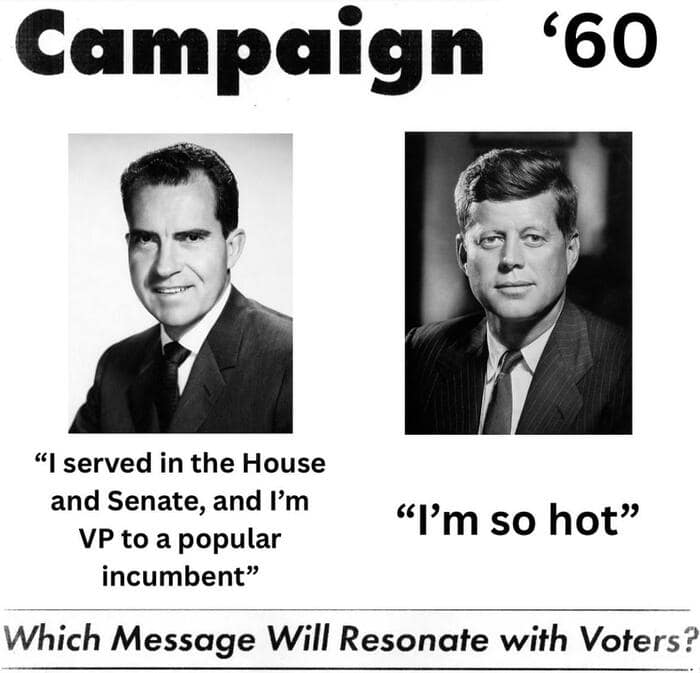 A history meme comparing Nixon's political experience to JFK's attractiveness in the 1960 campaign.