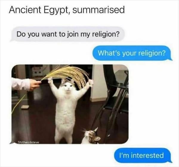 A history meme showing a cat holding wheat asking "Do you want to join my religion?" representing Ancient Egypt.