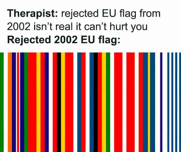 A history meme showing the rejected barcode-style EU flag proposal from 2002.