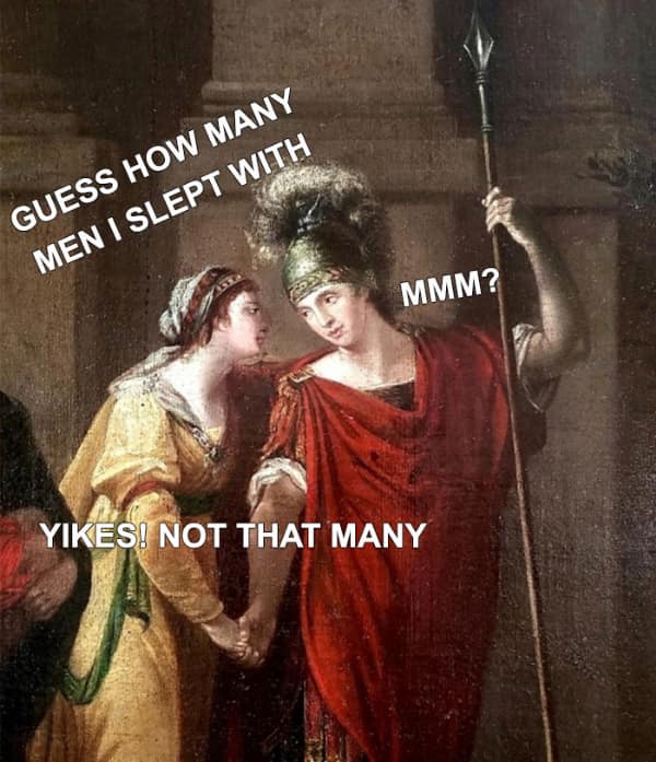 A classical art history meme where a man asks a woman about her body count and she replies Yikes not that many