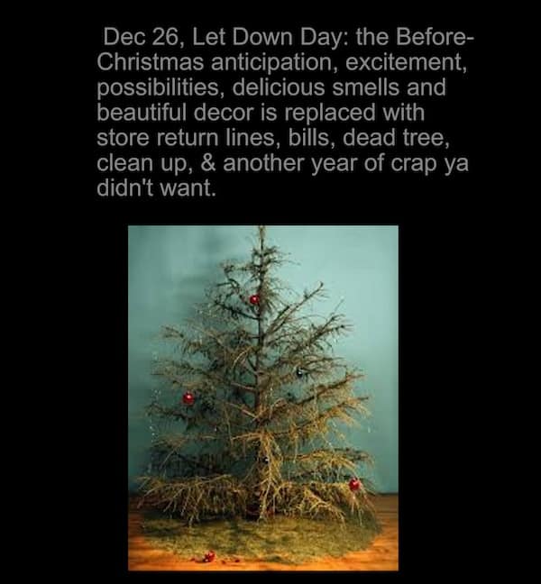 A depressing holiday hangover meme text describing the sadness of December 26th with a dead tree.