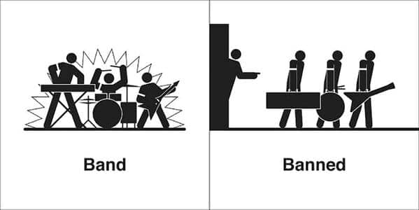 Minimalist illustration of a rock group and someone being ejected in a homophone comic.