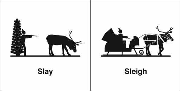 Hunter targeting a deer versus Santa riding in the snow in a homophone comic.