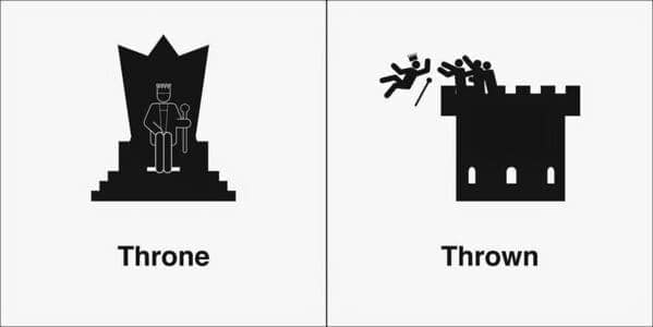 King sitting on a royal chair versus being tossed from a castle in a homophone comic.