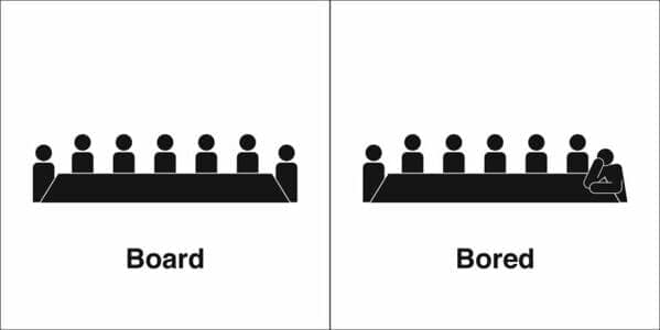 Visual pun showing a meeting table versus a sleepy attendee in a homophone comic.