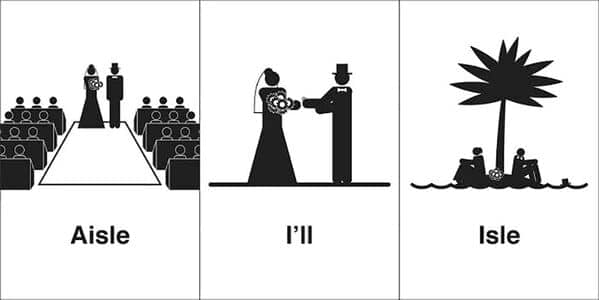 Wedding walkway, marriage proposal, and a tropical island in a homophone comic.