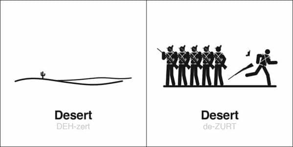 Arid landscape and a soldier running away shown in a homophone comic about heteronyms.