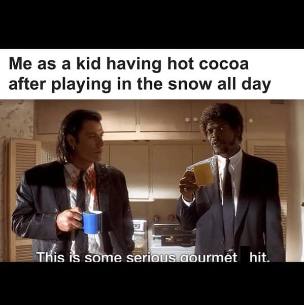 A hot chocolate meme of Pulp Fiction characters praising gourmet cocoa.