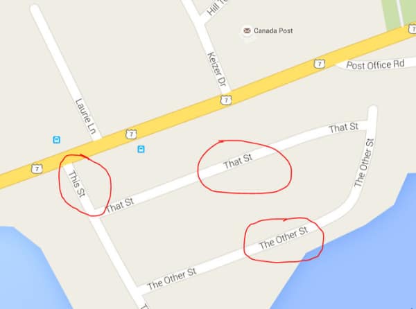 Digital map showing intersection of streets named This St, That St, and The Other St.