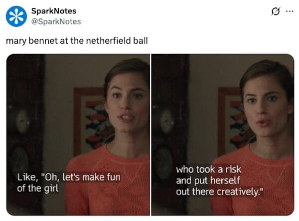 Mary Bennet being mocked at a ball in a literature meme