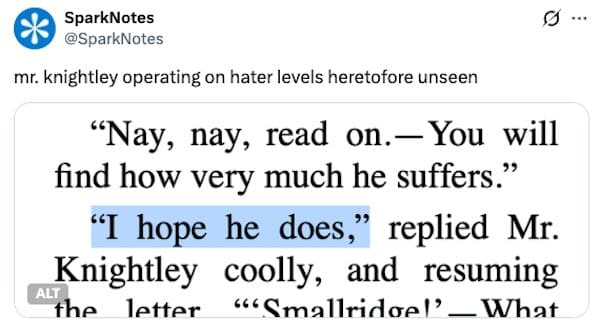 Text highlighting Mr. Knightley being a hater in a literature meme