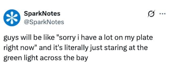 Tweet comparing Gatsby's green light to staring at a bay in a literature meme