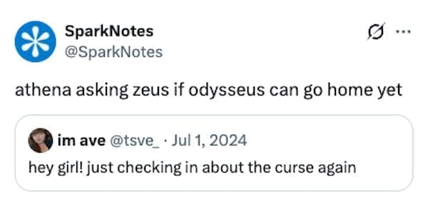 Athena asking Zeus about Odysseus' curse in a literature meme