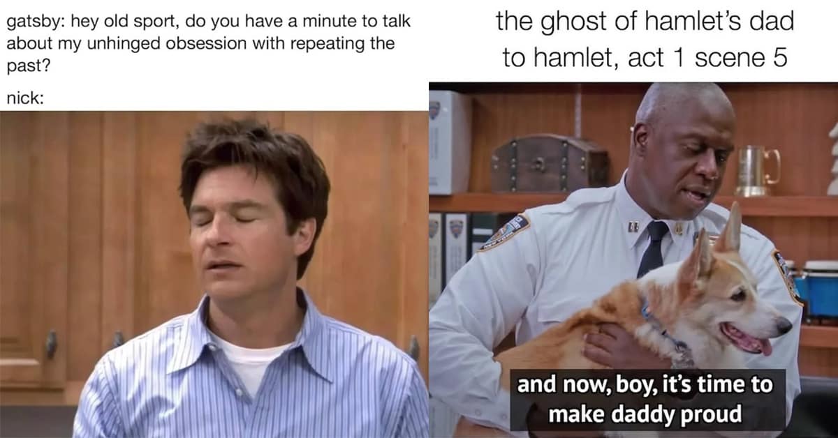 Collection of funny literary jokes including Gatsby and Austen in a literature meme gallery