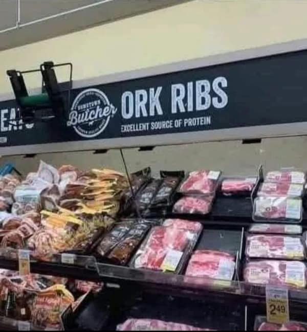 A lotr meme showing a supermarket sign for Ork Ribs.