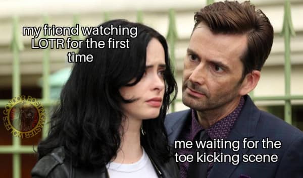 A lotr meme about waiting to explain the broken toe trivia to a friend.