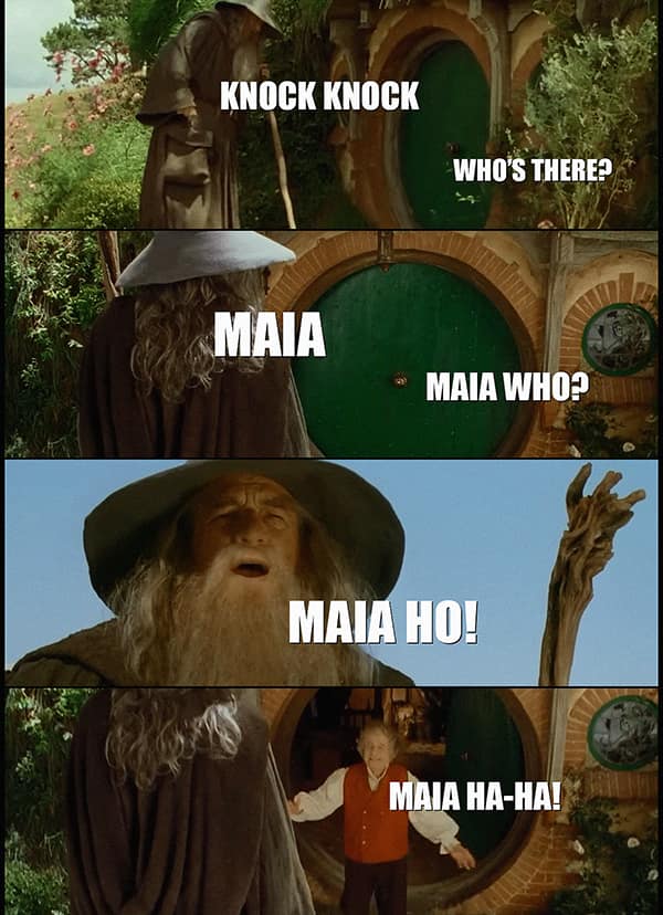 A lotr meme of Gandalf singing the Numa Numa song at Bilbo's door.