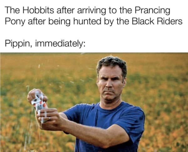 A lotr meme using Will Ferrell to show Pippin getting drunk at the Prancing Pony.