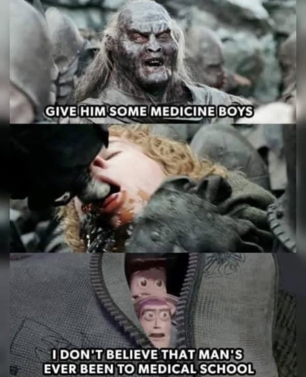 A lotr meme using Toy Story to mock the Uruk-hai giving Merry medicine.