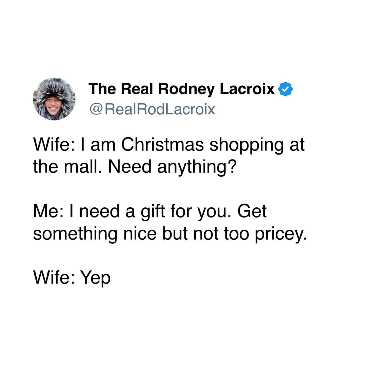 A marriage meme tweet about a husband asking his wife to buy her own Christmas gift.