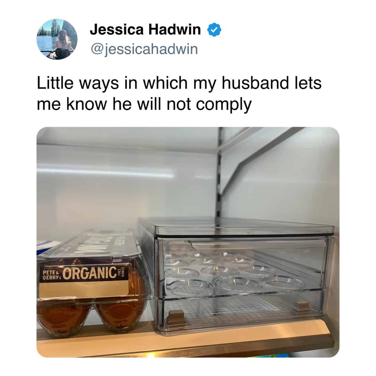 A funny marriage tweet showing a husband putting organic eggs into a plastic fridge organizer