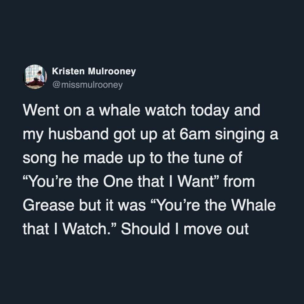 A funny marriage tweet about a husband singing a pun version of a Grease song on a whale watch.