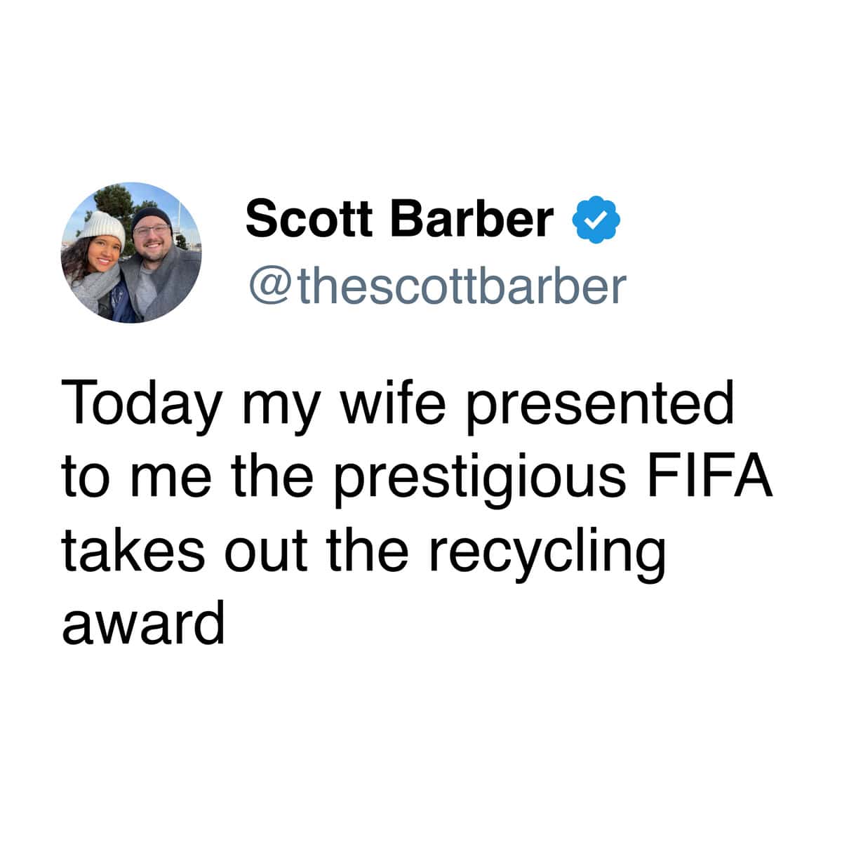 A marriage meme tweet about a husband receiving a FIFA award for taking out the recycling.