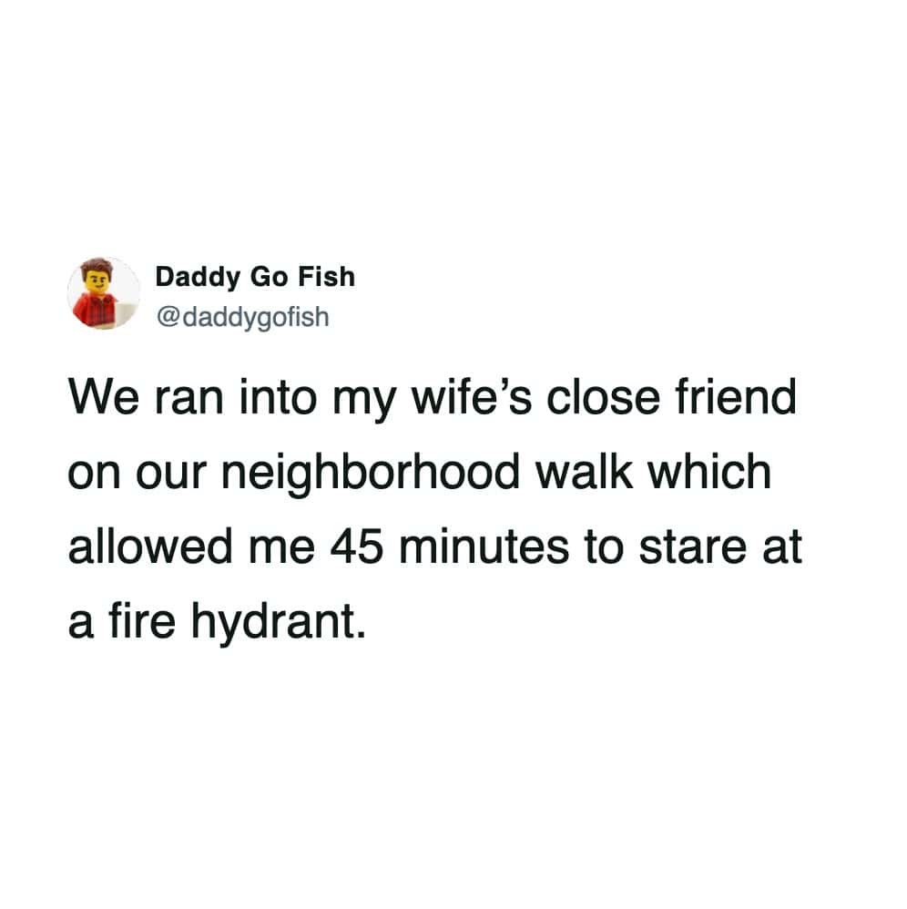 A funny marriage meme tweet about a husband staring at a fire hydrant while his wife talks to a friend.