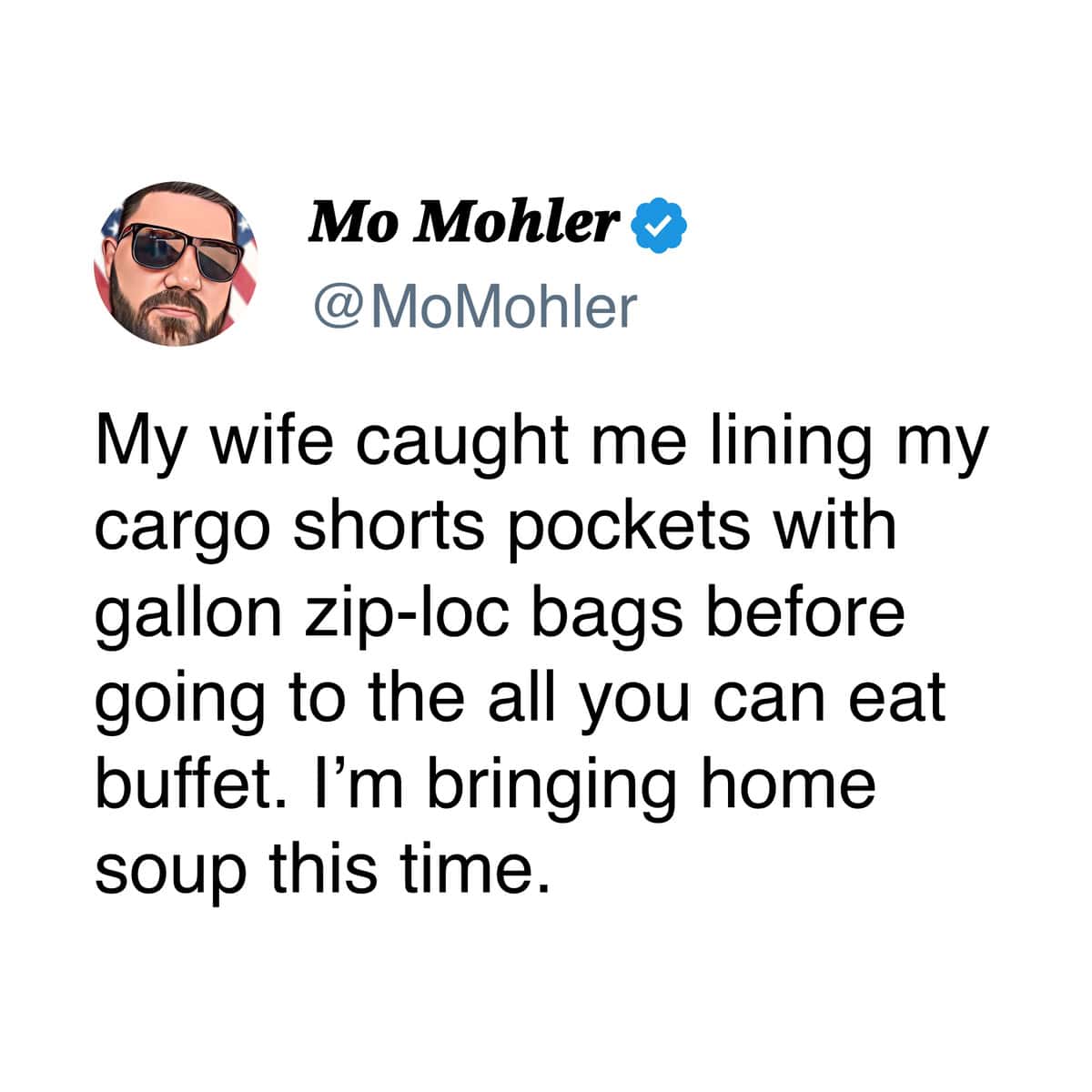 A funny marriage tweet about a husband lining cargo shorts with bags to steal buffet soup.