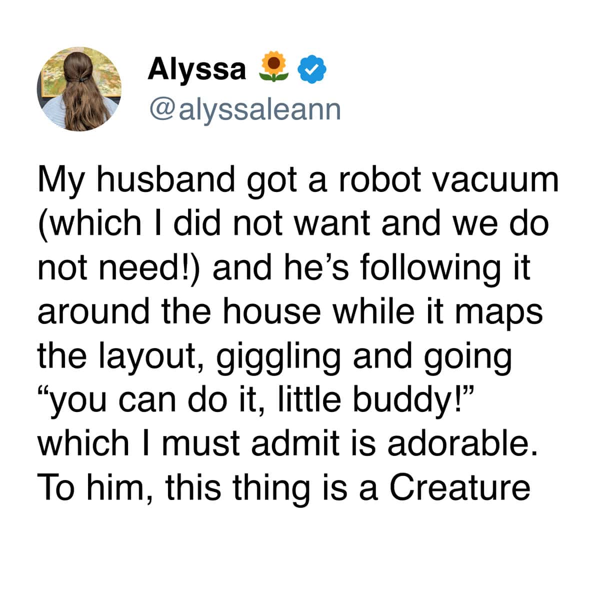 A marriage meme tweet about a husband emotionally bonding with a robot vacuum.
