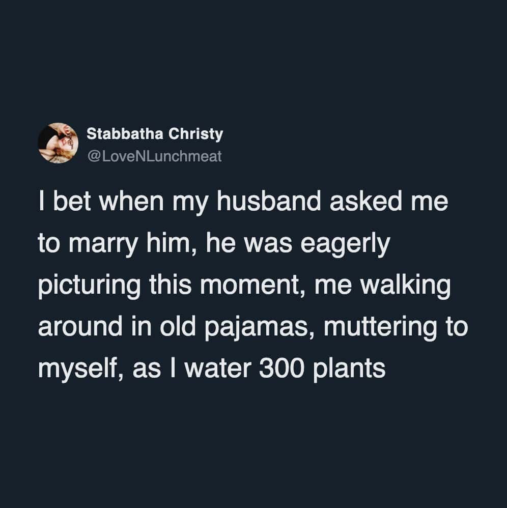 A funny marriage tweet about a husband predicting his wife's future eccentricity with plants and pajamas.