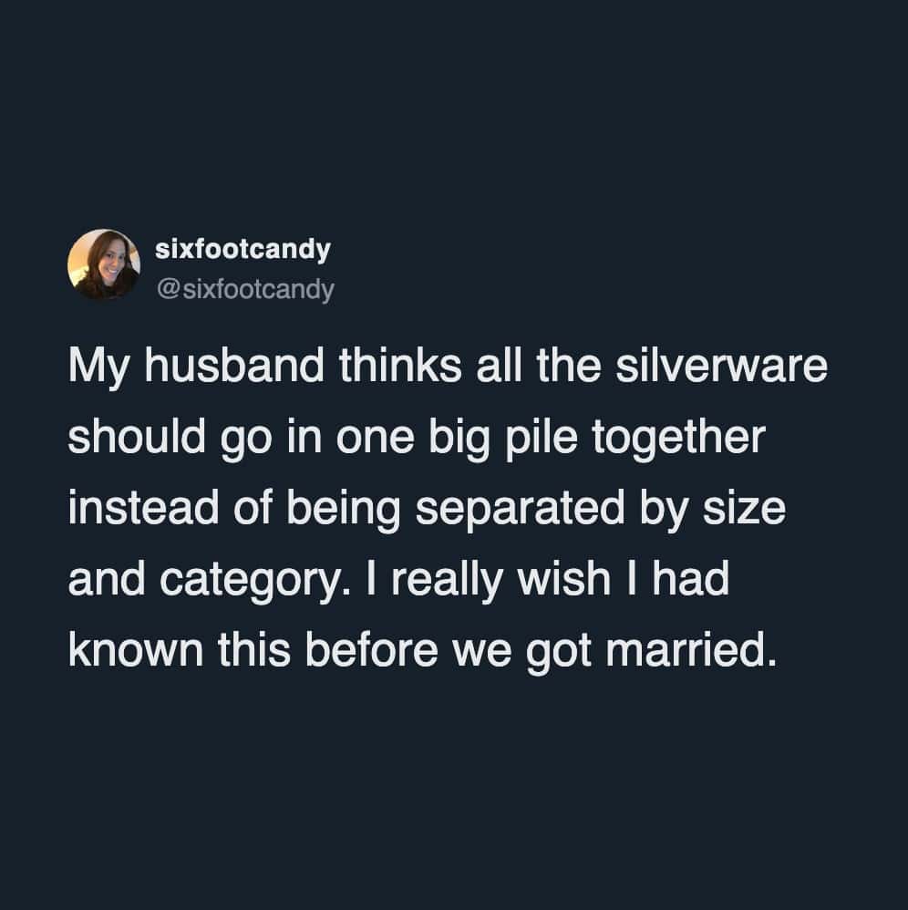 A funny marriage meme tweet complaining about a husband mixing all the silverware in the drawer.
