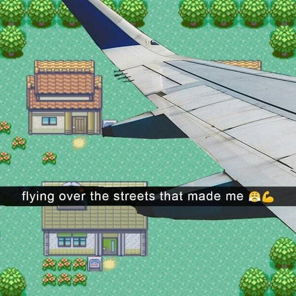 A hilarious meme snapchat of a plane wing flying over a pixelated Pokémon town.