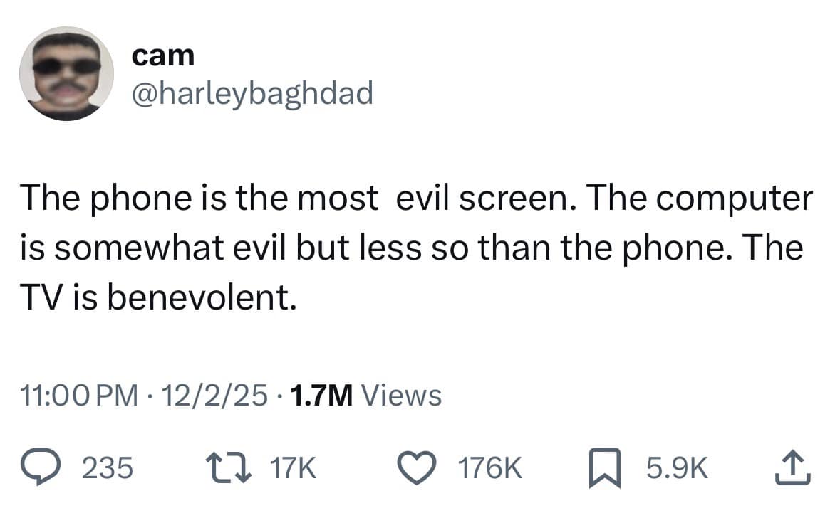 A hilarious meme tweet ranking the phone, computer, and TV by how evil they are.