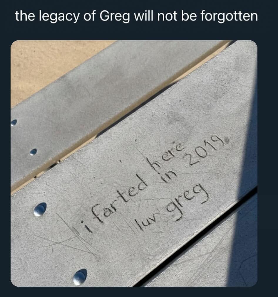 A hilarious meme of a park bench with graffiti dedicated to a fart from 2019.