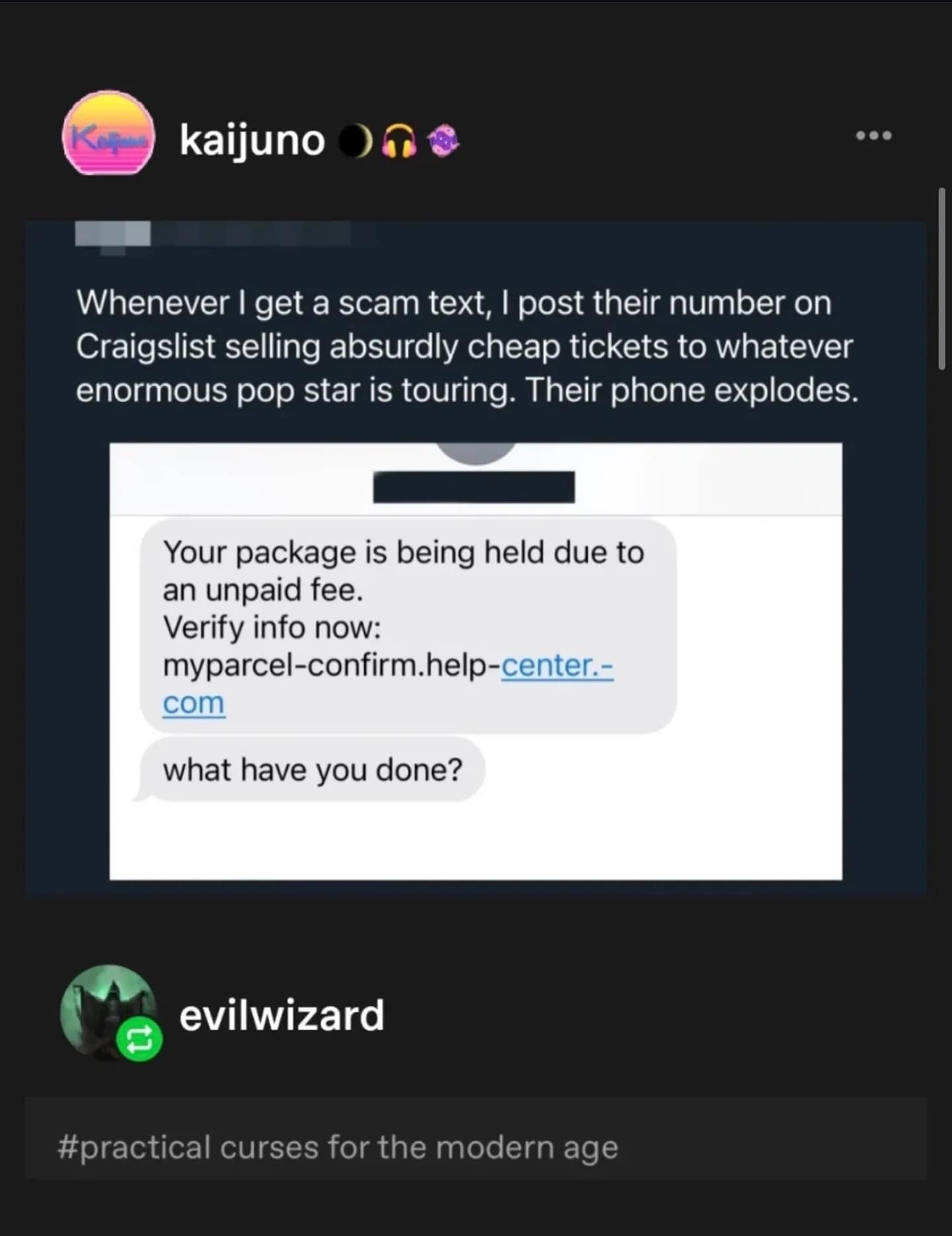 Text message screenshot showing a petty response to a scammer in a funny meme.