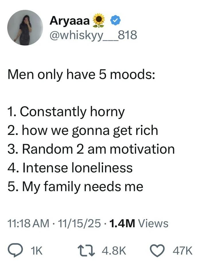 List of men's five specific emotional moods used as a funny meme